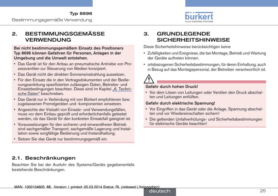 Bestimmungsgemässe verwendung, Beschränkungen, Grundlegende sicherheitshinweise | Burkert Type 8696 User Manual | Page 25 / 64