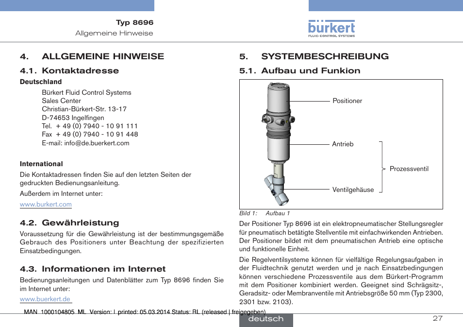 Allgemeine hinweise, Systembeschreibung, Aufbau und funkion | Burkert Type 8696 User Manual | Page 27 / 64