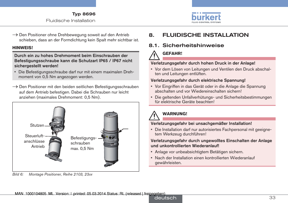 Fluidische installation | Burkert Type 8696 User Manual | Page 33 / 64