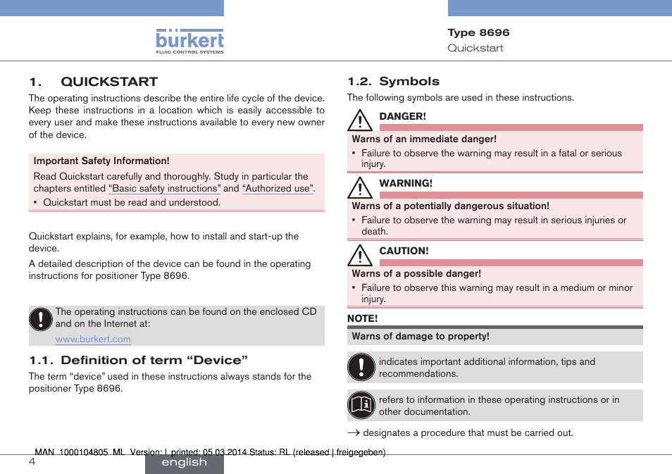 Quickstart, Definition of term “device” 1.2. symbols | Burkert Type 8696 User Manual | Page 4 / 64