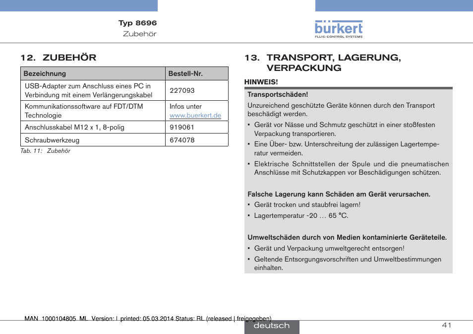 Zubehör, Transport, lagerung, verpackung | Burkert Type 8696 User Manual | Page 41 / 64