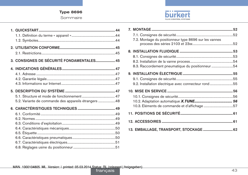 Français | Burkert Type 8696 User Manual | Page 43 / 64