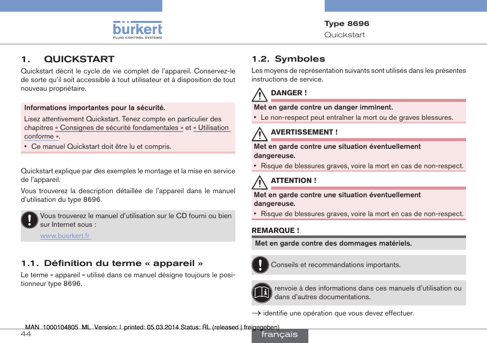 Quickstart, Définition du terme « appareil » 1.2. symboles | Burkert Type 8696 User Manual | Page 44 / 64