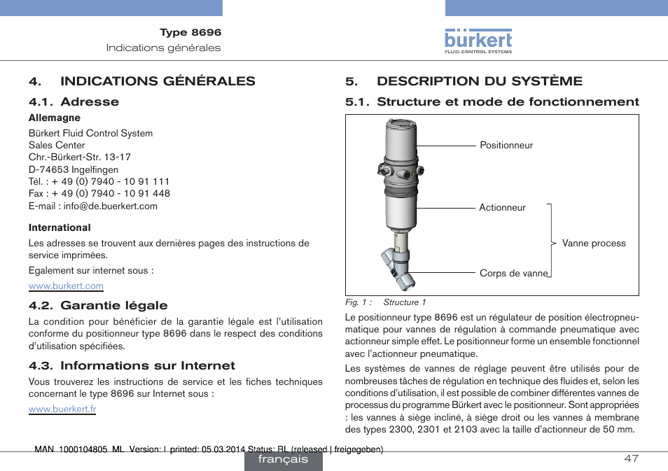 Indications générales, Description du système, Structure et mode de fonctionnement | Burkert Type 8696 User Manual | Page 47 / 64