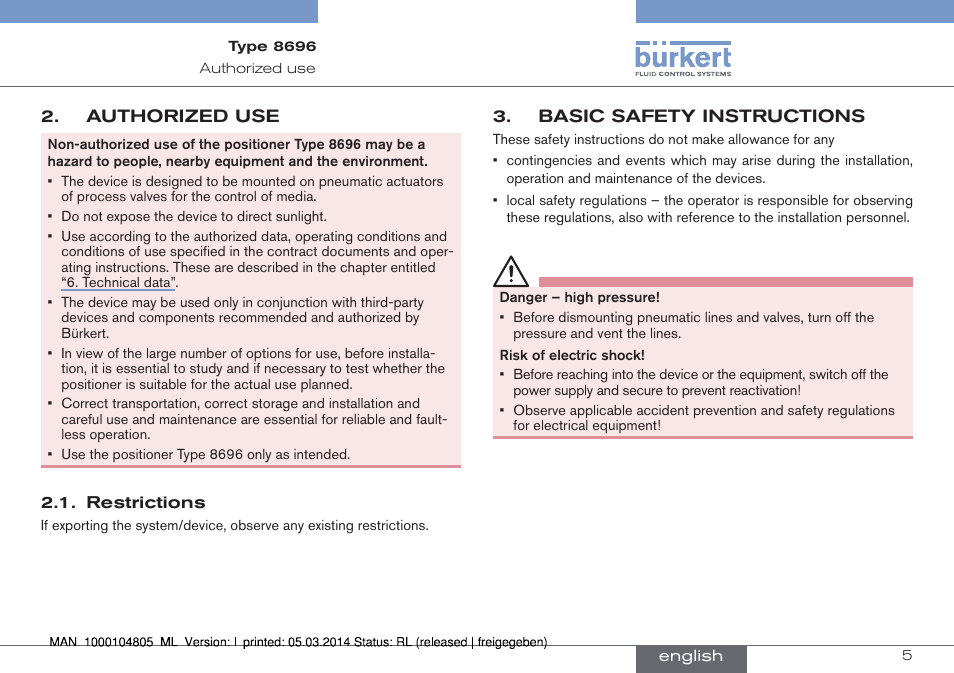 Authorized use, Restrictions, Basic safety instructions | Burkert Type 8696 User Manual | Page 5 / 64