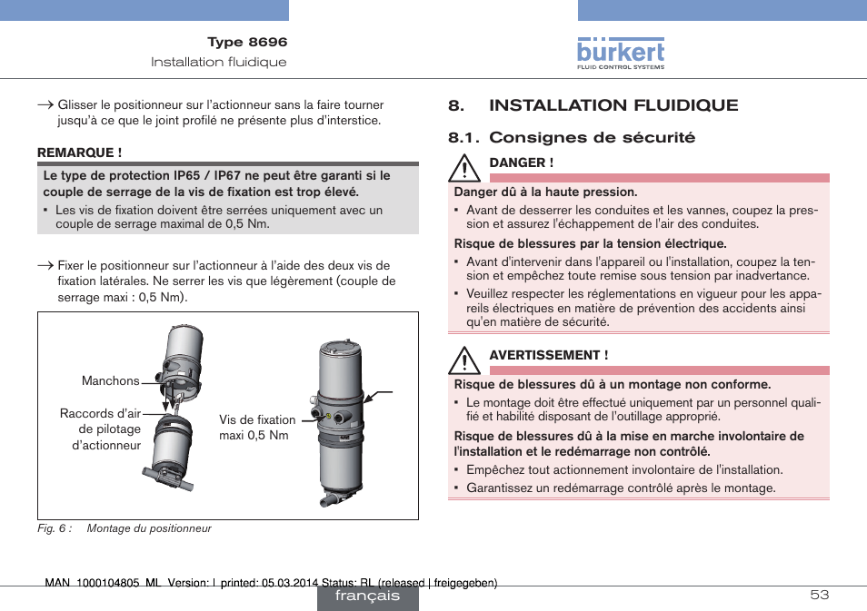 Installation fluidique, Consignes de sécurité | Burkert Type 8696 User Manual | Page 53 / 64