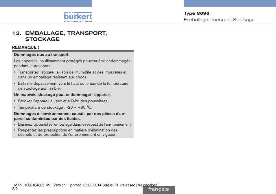 Emballage, transport, stockage | Burkert Type 8696 User Manual | Page 62 / 64