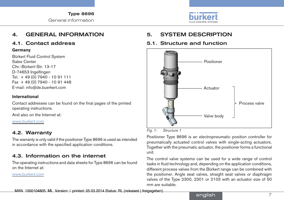 General information, System description, Structure and function | Burkert Type 8696 User Manual | Page 7 / 64