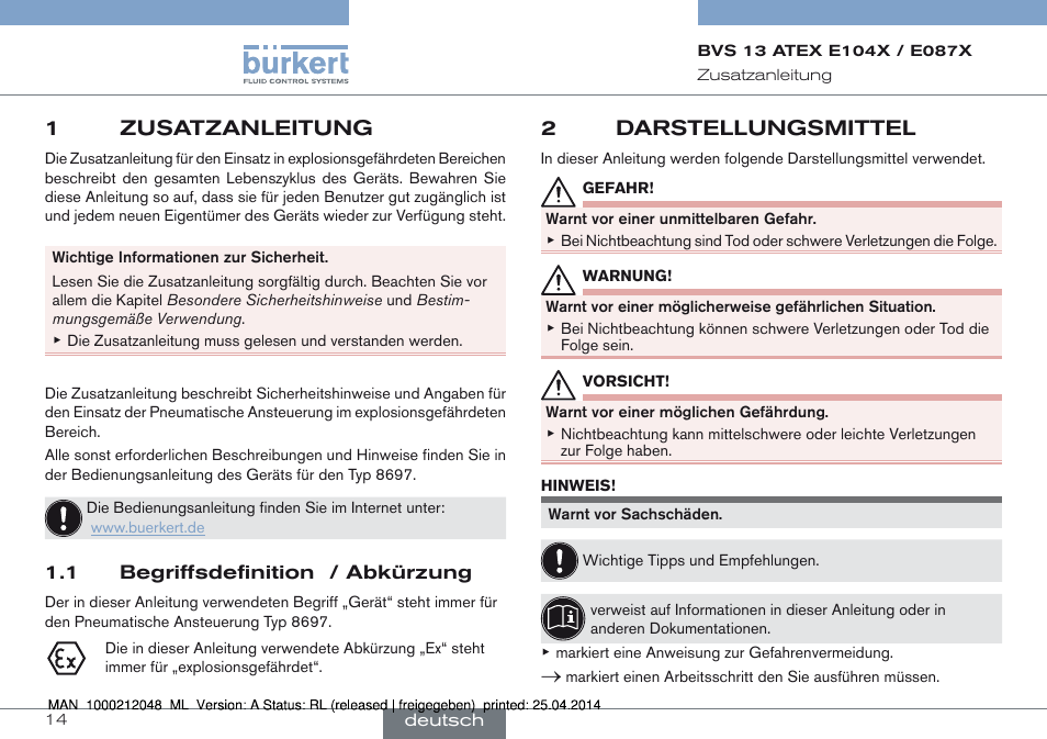 1 zusatzanleitung, 1 begriffsdefinition / abkürzung, 2 darstellungsmittel | 1zusatzanleitung, 2darstellungsmittel | Burkert Type 8697 User Manual | Page 14 / 34