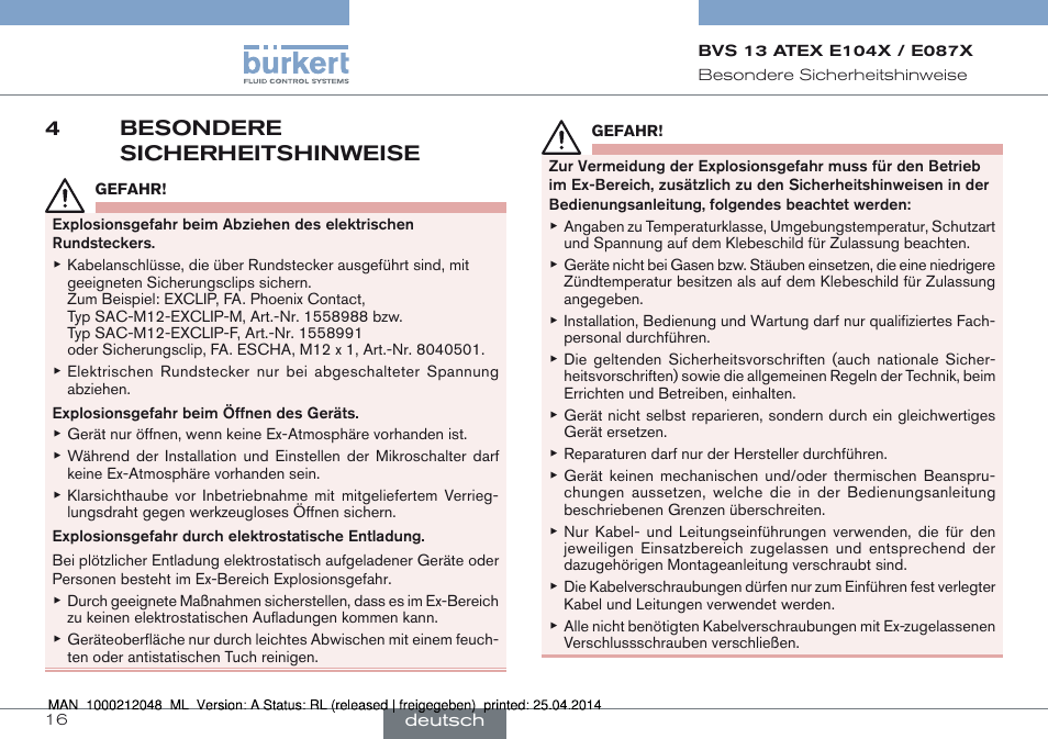 4 besondere sicherheitshinweise, 4besondere sicherheitshinweise | Burkert Type 8697 User Manual | Page 16 / 34
