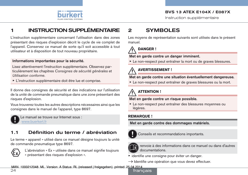 1 instruction supplémentaire, 1 définition du terme / abréviation, 2 symboles | 1instruction supplémentaire, 2symboles | Burkert Type 8697 User Manual | Page 24 / 34