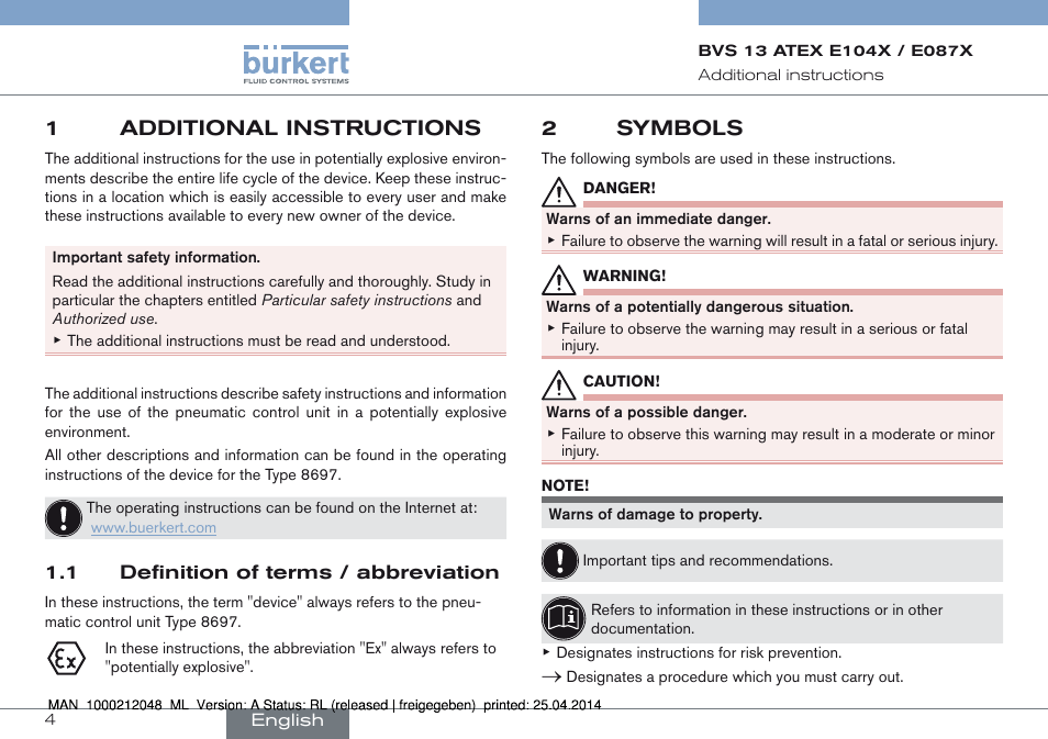 1 additional instructions, 1 definition of terms / abbreviation, 2 symbols | 1additional instructions, 2symbols | Burkert Type 8697 User Manual | Page 4 / 34