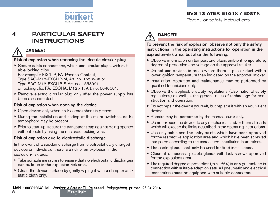 4 particular safety instructions, 4particular safety instructions | Burkert Type 8697 User Manual | Page 6 / 34