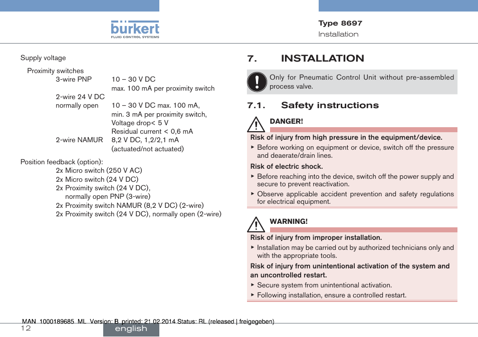 Installation, Safety instructions | Burkert Type 8697 User Manual | Page 12 / 90