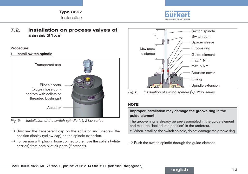 Installation on process valves of series 21xx | Burkert Type 8697 User Manual | Page 13 / 90