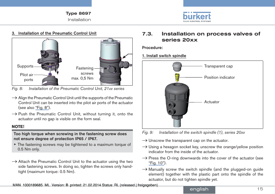 Installation on process valves of series 20xx | Burkert Type 8697 User Manual | Page 15 / 90