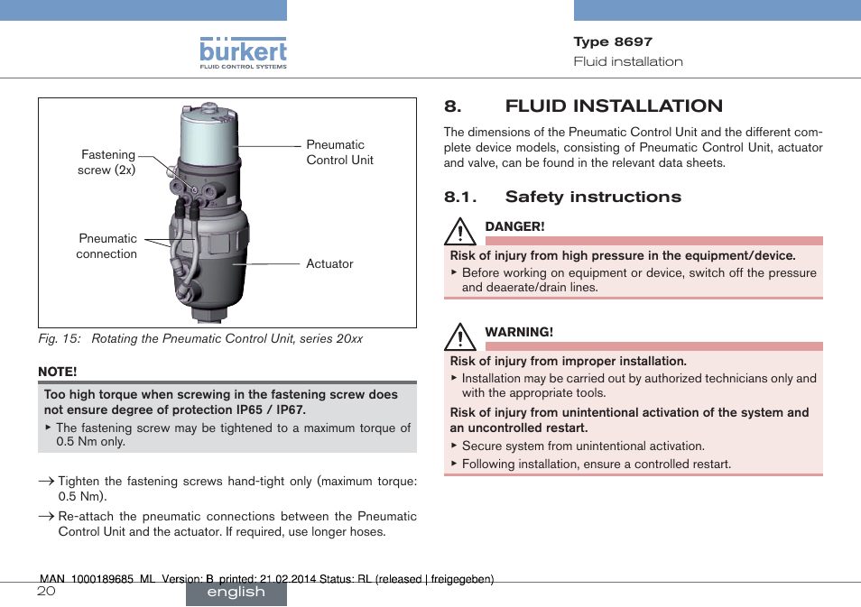 Fluid installation, Safety instructions | Burkert Type 8697 User Manual | Page 20 / 90