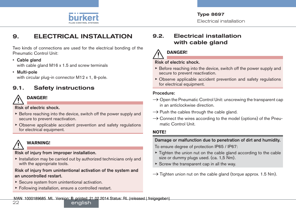Electrical installation | Burkert Type 8697 User Manual | Page 22 / 90