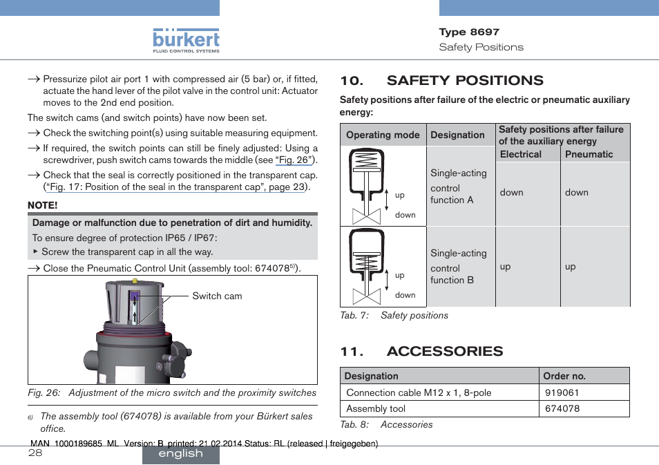 Safety positions, Accessories | Burkert Type 8697 User Manual | Page 28 / 90