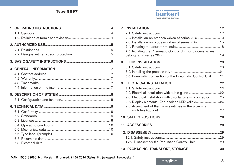 English | Burkert Type 8697 User Manual | Page 3 / 90