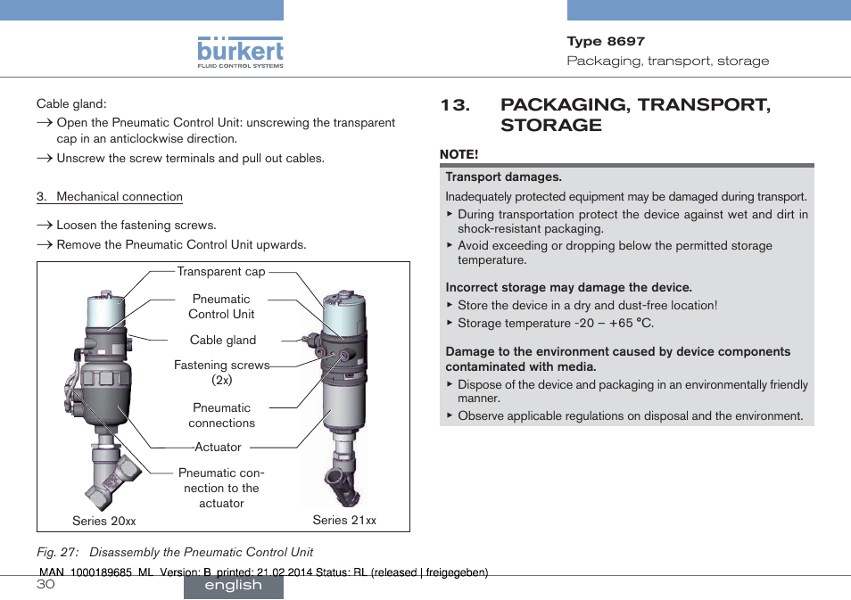 Packaging, transport, storage | Burkert Type 8697 User Manual | Page 30 / 90