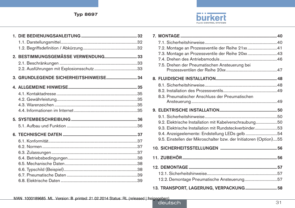 Deutsch | Burkert Type 8697 User Manual | Page 31 / 90