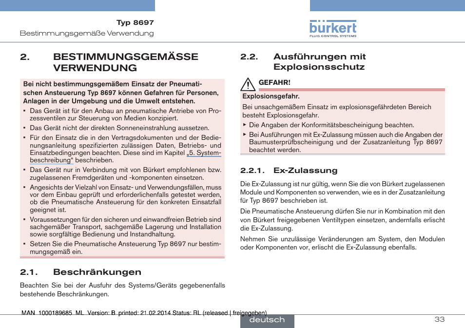 Bestimmungsgemässe verwendung | Burkert Type 8697 User Manual | Page 33 / 90