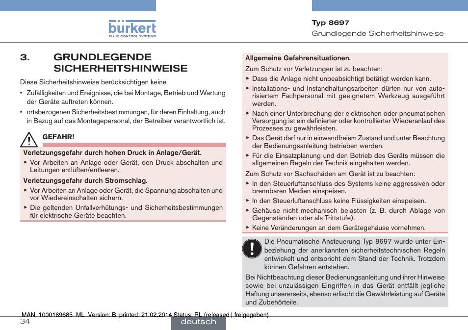 Grundlegende sicherheitshinweise | Burkert Type 8697 User Manual | Page 34 / 90