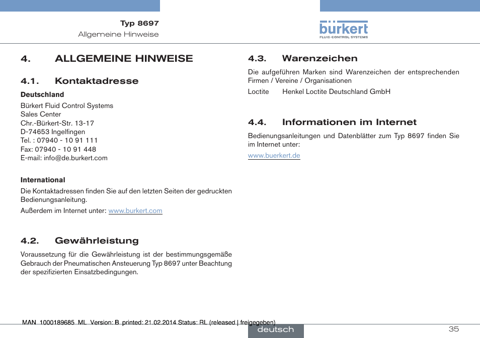 Allgemeine hinweise | Burkert Type 8697 User Manual | Page 35 / 90