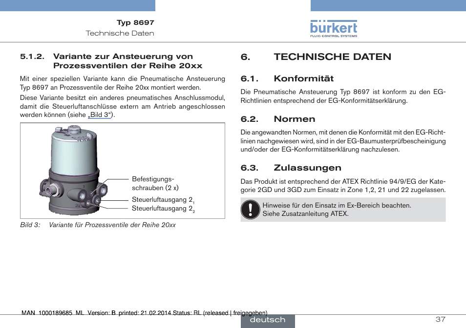 Technische daten, Konformität 6.2. normen 6.3. zulassungen | Burkert Type 8697 User Manual | Page 37 / 90