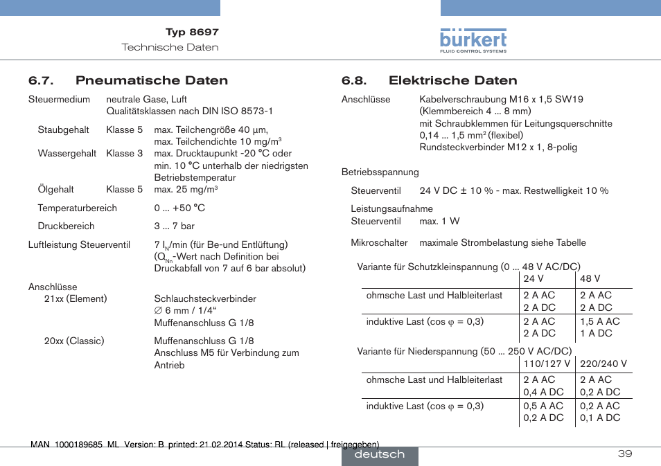 Pneumatische daten 6.8. elektrische daten | Burkert Type 8697 User Manual | Page 39 / 90