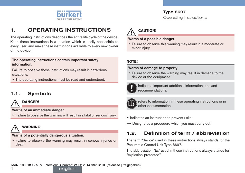 Operating instructions, Symbols 1.2. definition of term / abbreviation | Burkert Type 8697 User Manual | Page 4 / 90