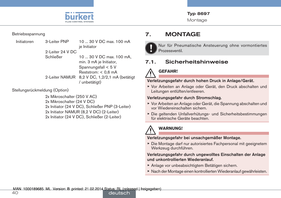 Montage, Sicherheitshinweise | Burkert Type 8697 User Manual | Page 40 / 90