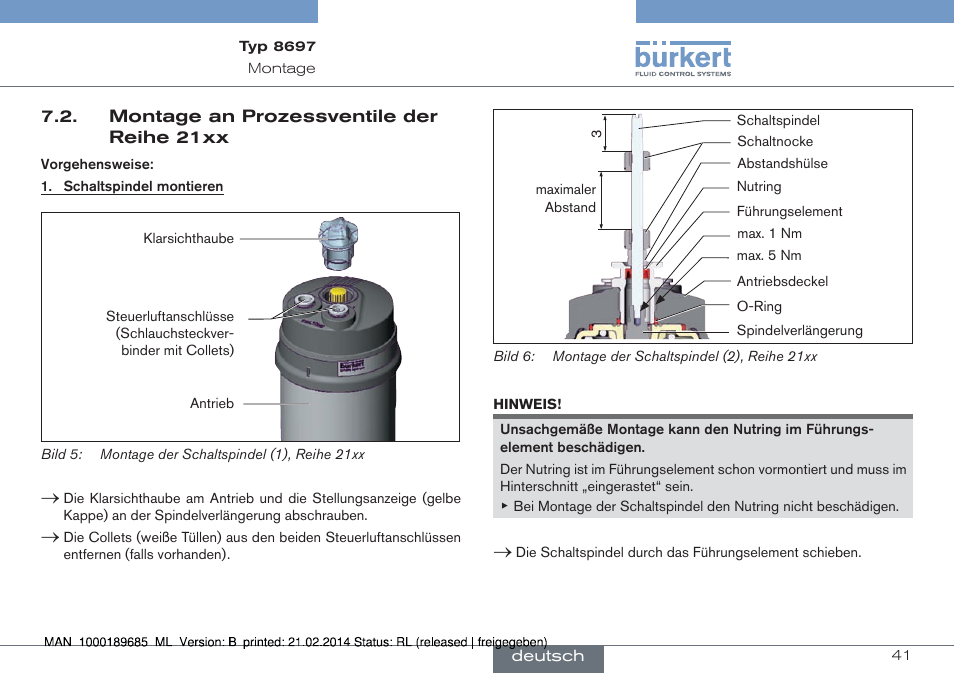 Montage an prozessventile der reihe 21xx | Burkert Type 8697 User Manual | Page 41 / 90