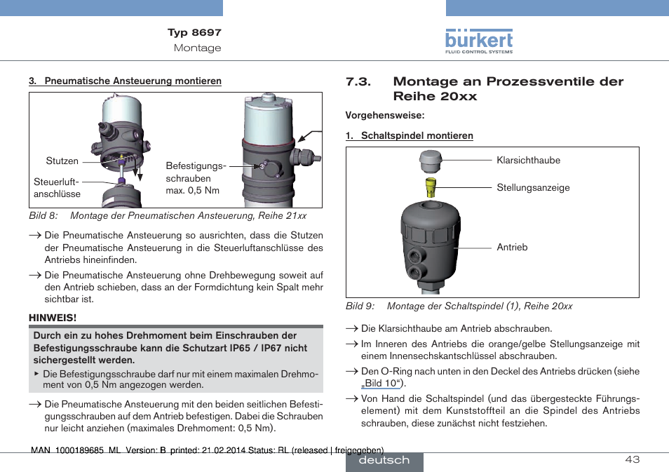 Montage an prozessventile der reihe 20xx | Burkert Type 8697 User Manual | Page 43 / 90