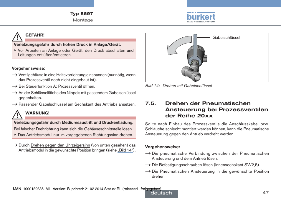 Drehen der pneumatischen ansteuerung bei, Prozessventilen der reihe 20xx | Burkert Type 8697 User Manual | Page 47 / 90
