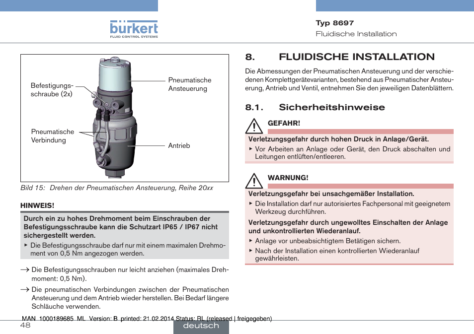 Fluidische installation, Sicherheitshinweise | Burkert Type 8697 User Manual | Page 48 / 90