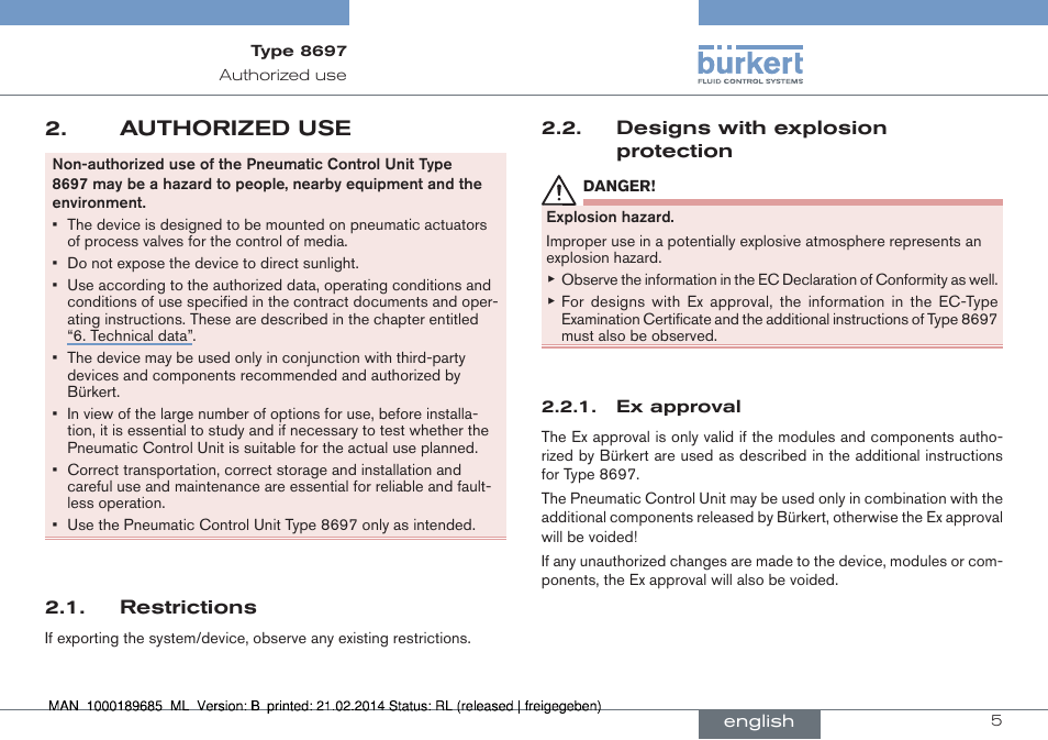 Authorized use | Burkert Type 8697 User Manual | Page 5 / 90