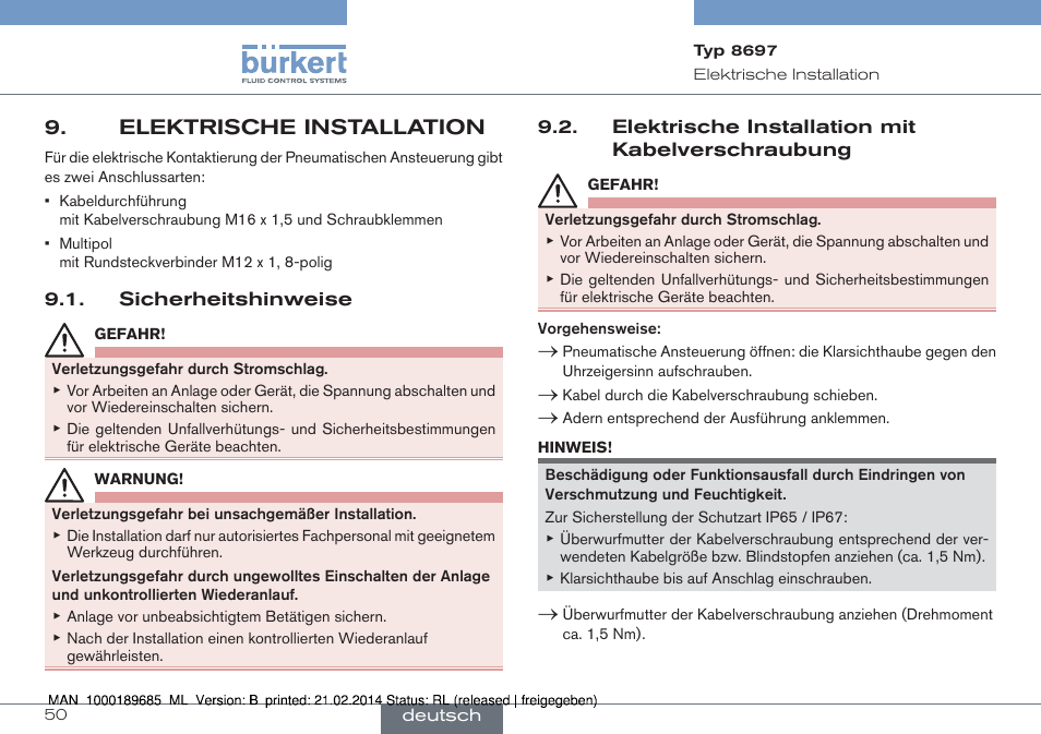 Elektrische installation | Burkert Type 8697 User Manual | Page 50 / 90