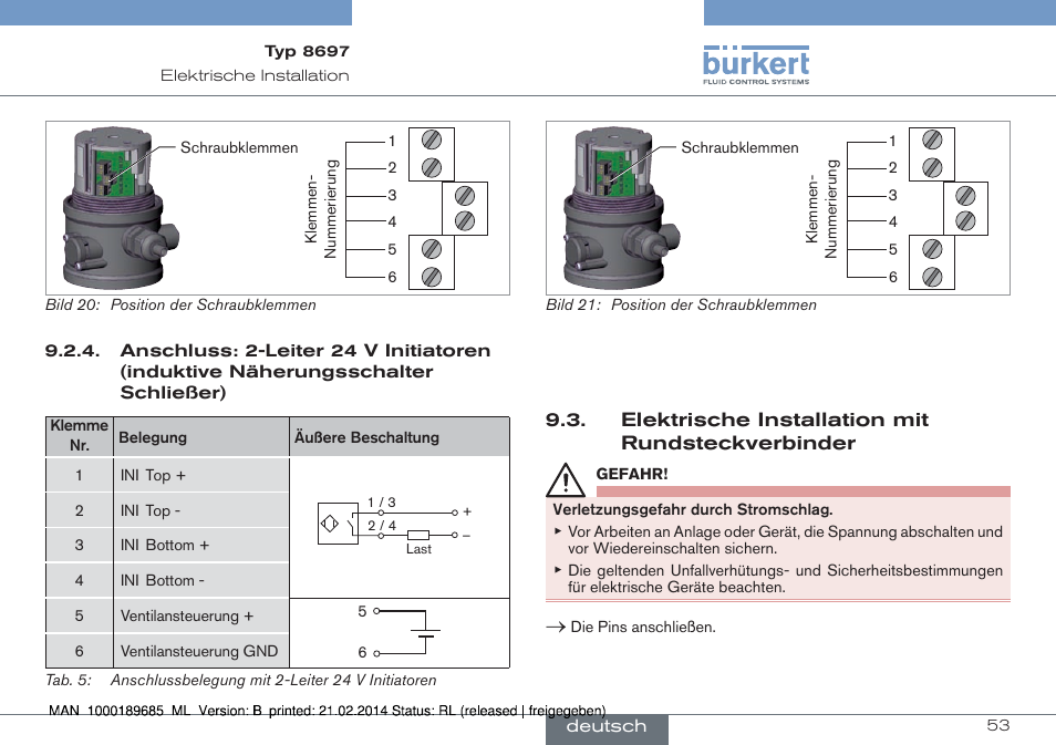 Elektrische installation mit rundsteckverbinder | Burkert Type 8697 User Manual | Page 53 / 90