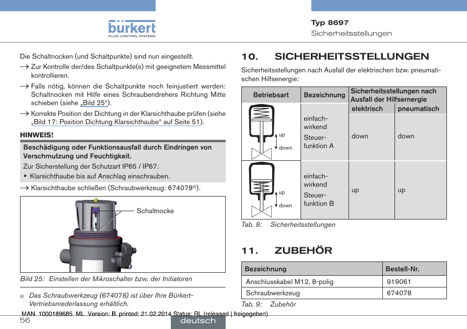 Sicherheitsstellungen, Zubehör | Burkert Type 8697 User Manual | Page 56 / 90