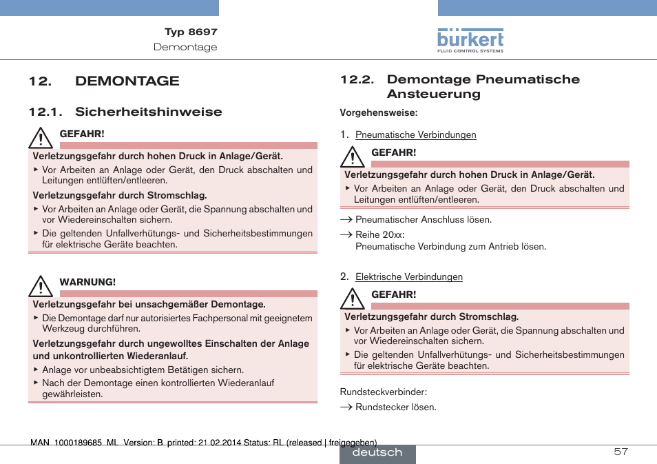 Demontage | Burkert Type 8697 User Manual | Page 57 / 90