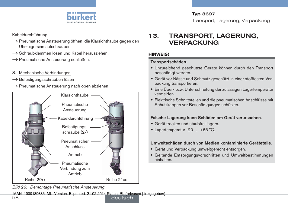 Transport, lagerung, verpackung | Burkert Type 8697 User Manual | Page 58 / 90