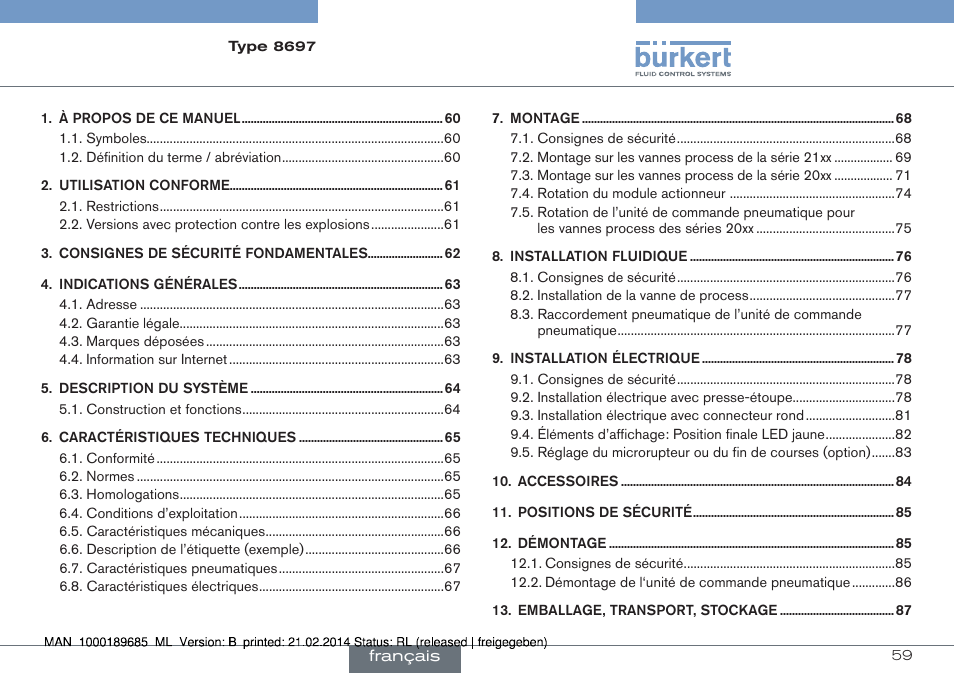 Français | Burkert Type 8697 User Manual | Page 59 / 90