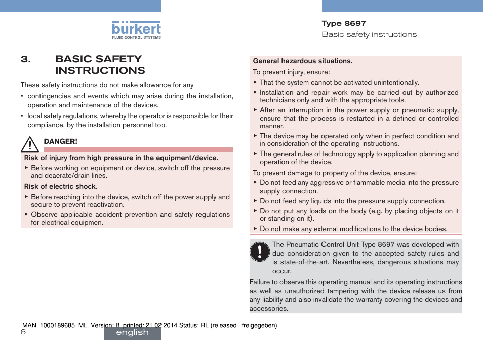 Basic safety instructions | Burkert Type 8697 User Manual | Page 6 / 90