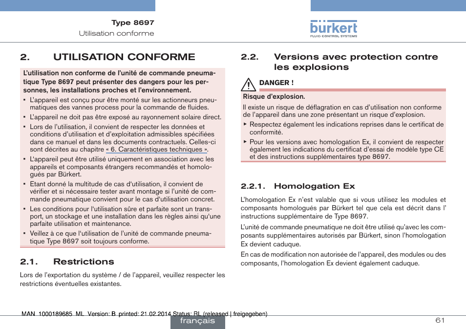 Utilisation conforme | Burkert Type 8697 User Manual | Page 61 / 90