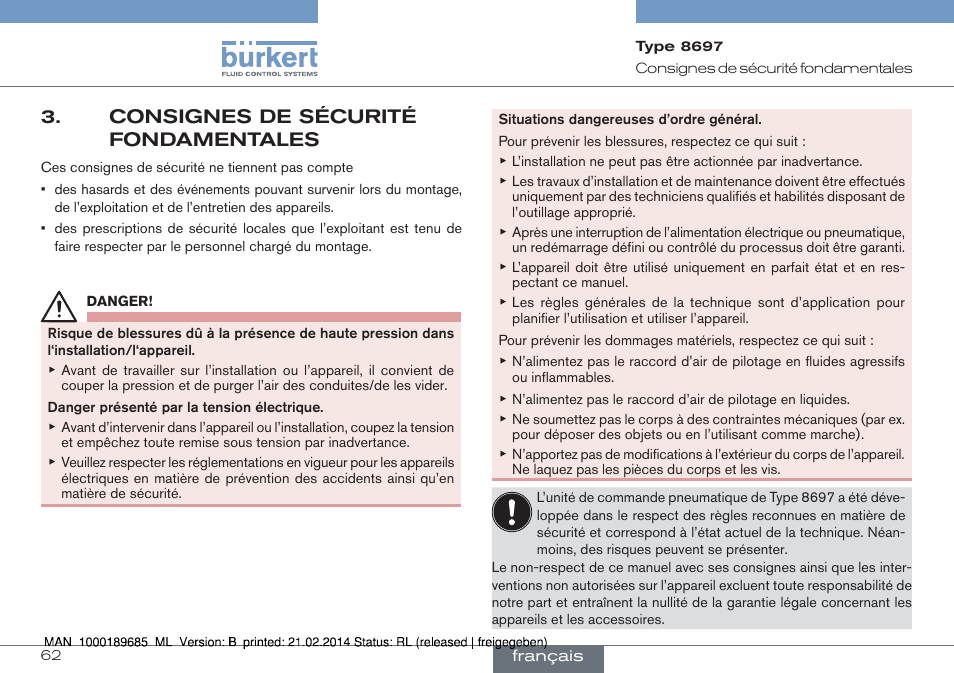 Consignes de sécurité fondamentales | Burkert Type 8697 User Manual | Page 62 / 90