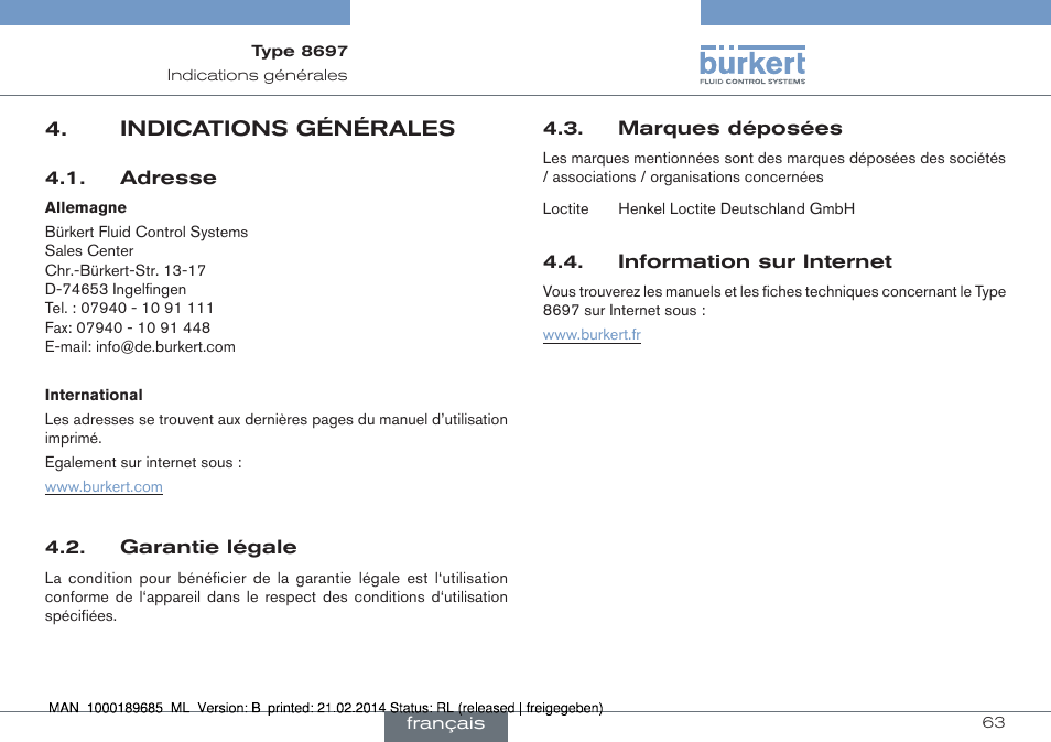 Indications générales | Burkert Type 8697 User Manual | Page 63 / 90