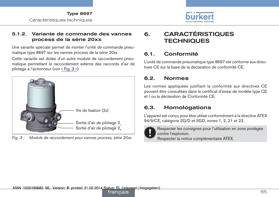 Caractéristiques techniques, Conformité 6.2. normes 6.3. homologations | Burkert Type 8697 User Manual | Page 65 / 90