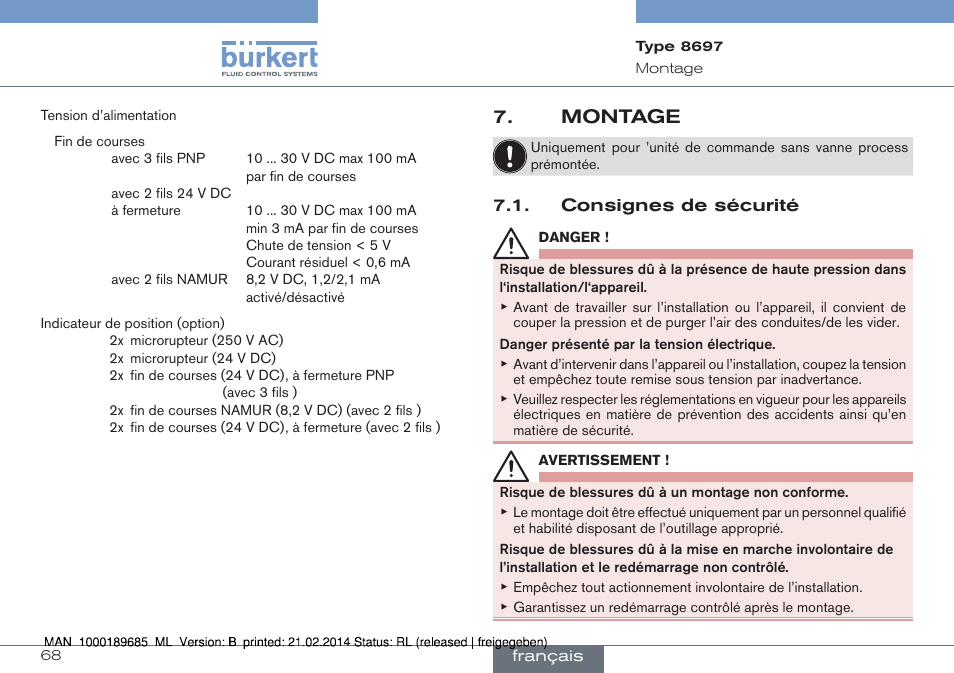 Montage, Consignes de sécurité | Burkert Type 8697 User Manual | Page 68 / 90